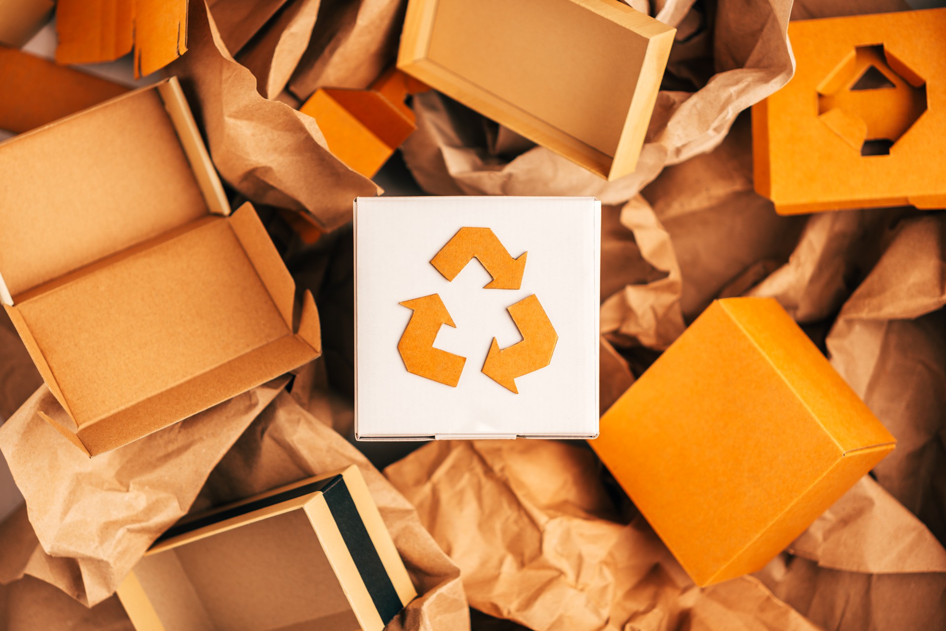Reusable paper and cardboard for packing,Recycle sign, nature-friendly concept, eco-conscious life