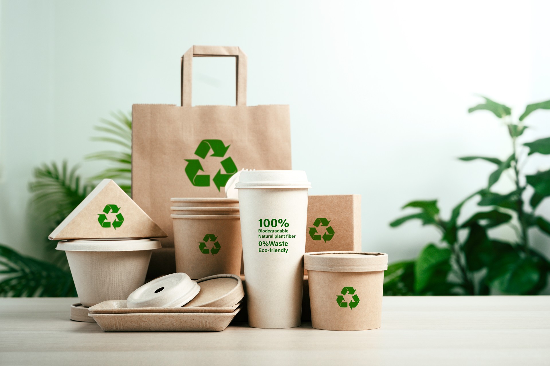 Eco friendly paper tableware and packaging made from biodegradable materials. zero waste and recycling concept. Green package or disposable for sustainable environmental and environmental protection