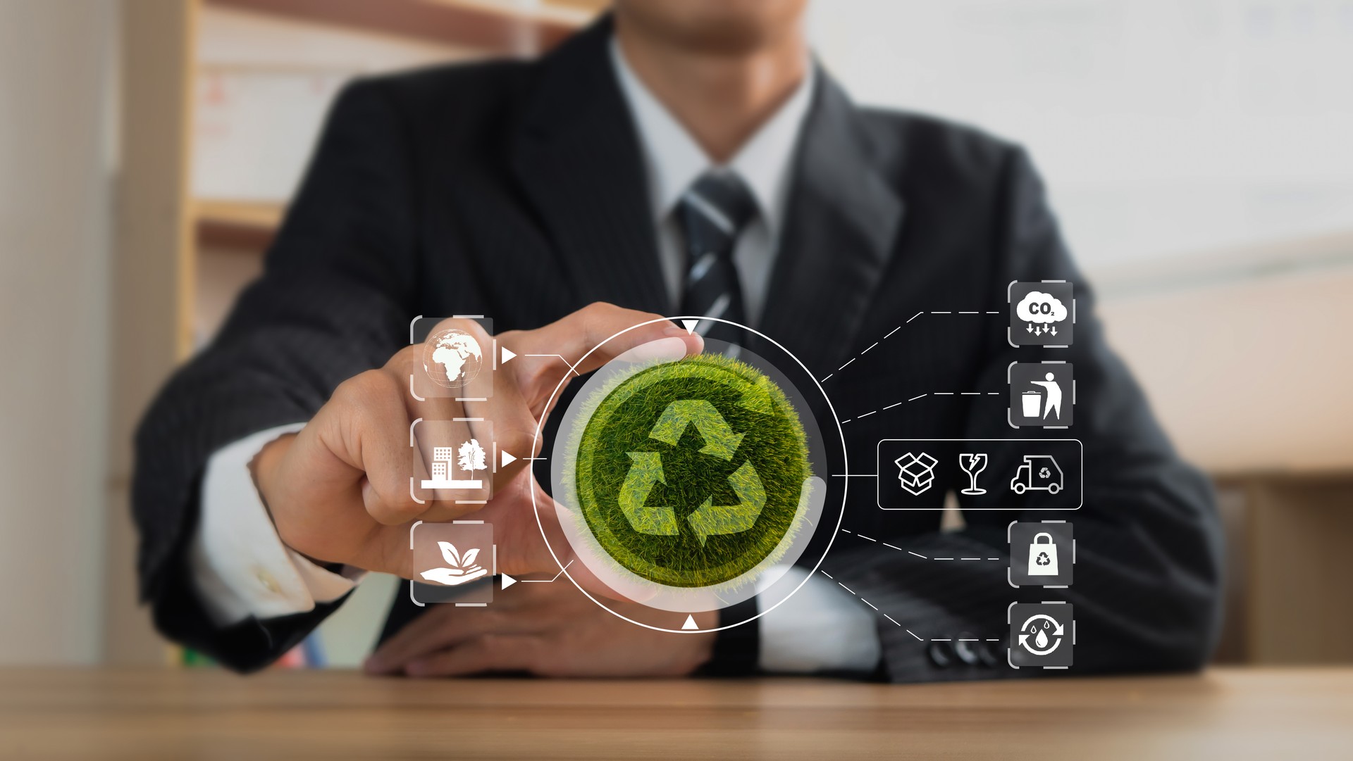 Businessmen holding the green ball that have recycle symbol with zero waste icons. Concept for save world, Sustainable business development, business responsible environmental, social and governance.