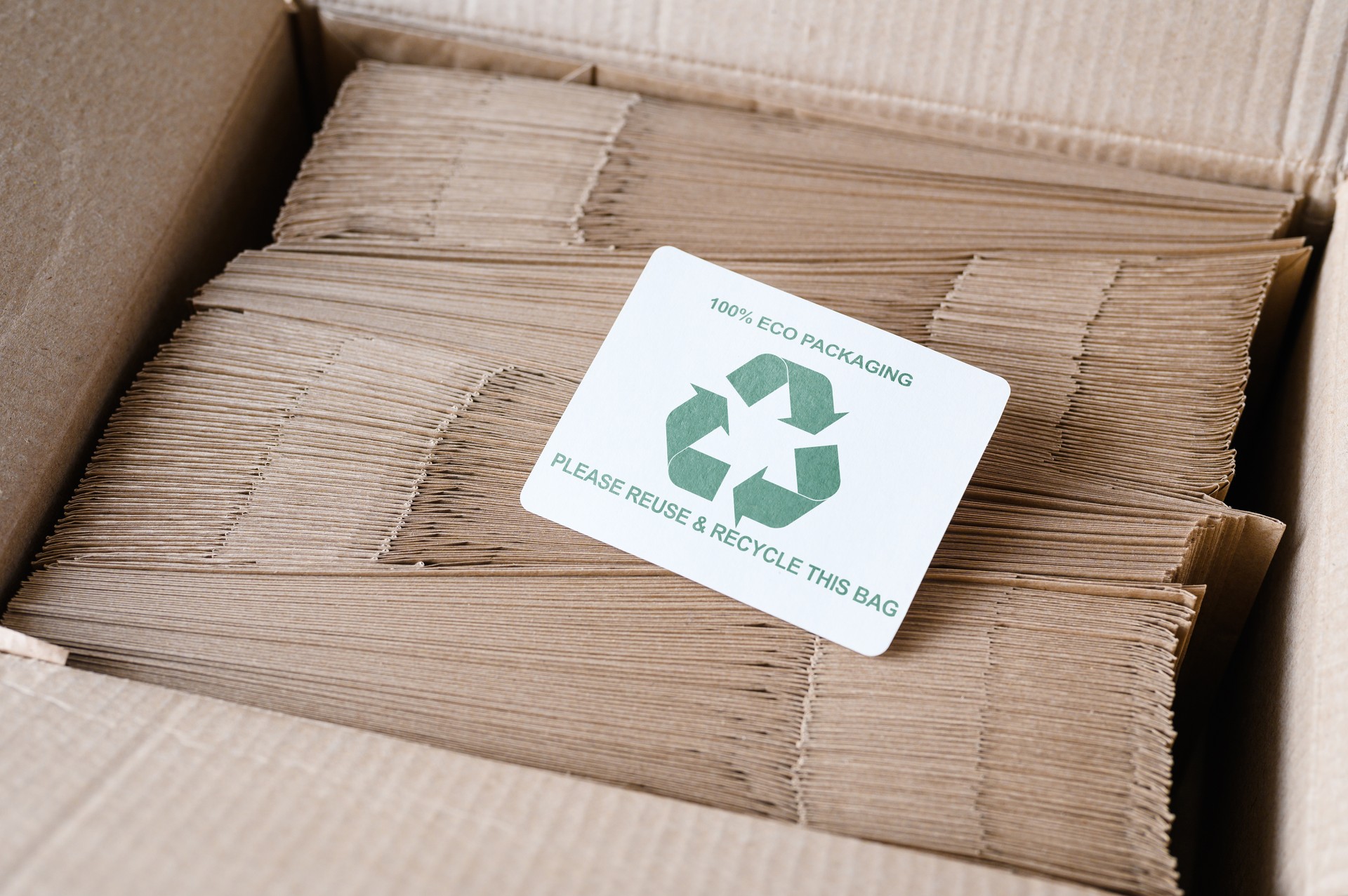 Eco packaging. Zero waste concept. Inscription please reuse and recycle and recycling sign on paper bags.